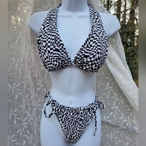 Wild Fable Checkered String Bikini, Padded Halter Top, Geometric Black, White